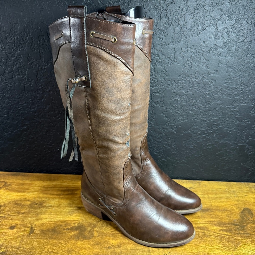 Pierre Dumas Tassel Riding Brown Synthetic Leather Tall Boots Womens 8.5